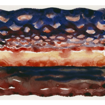 Loose watercolor with bands of horizontal colors: a strip of muddy brown along the bottom, layered above with a bleeding line of reddish to yellow in the middle. Above it turns to purplish-blue dotted with scattered orange areas as if small clouds.