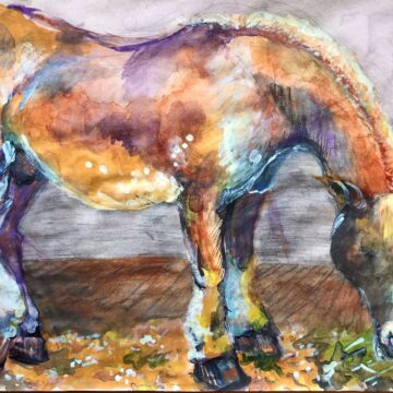 Colorful watercolor painting of a horse grazing.