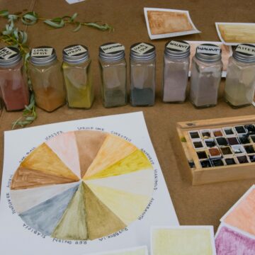 Photograph of several jars filled with powdered pigment in various shades on a table. Beneath is a piece of paper with a wheel of color in these shades and nearby is a small palette filled with watercolors.