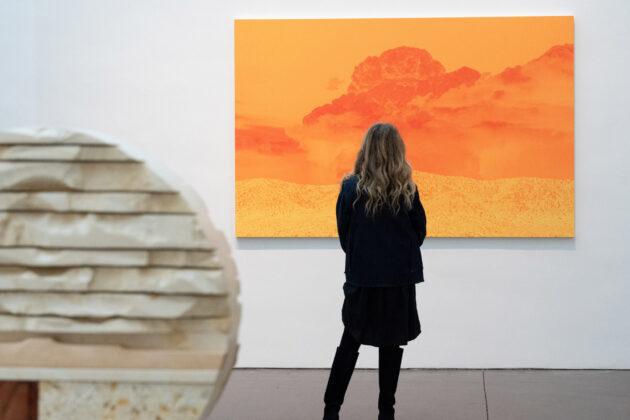 Photograph of a person with long hair from behind standing in front of a large print of clouds over a desert landscape in shades of red and orange. In the foreground is a sculpture in light brown and sand shades.