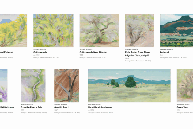 Screen capture of a website showcasing several paintings by Georgia O'Keeffe featuring shades of green.