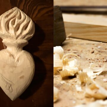 Left: A wooden corazon heart. Right: The wood chippings made from carving.