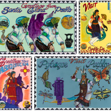 Four art pieces resembling postcards from various locations in Norther New Mexico with representations of indigenous dances, people in traditional dress, and symbols important to the various Pueblos represented.