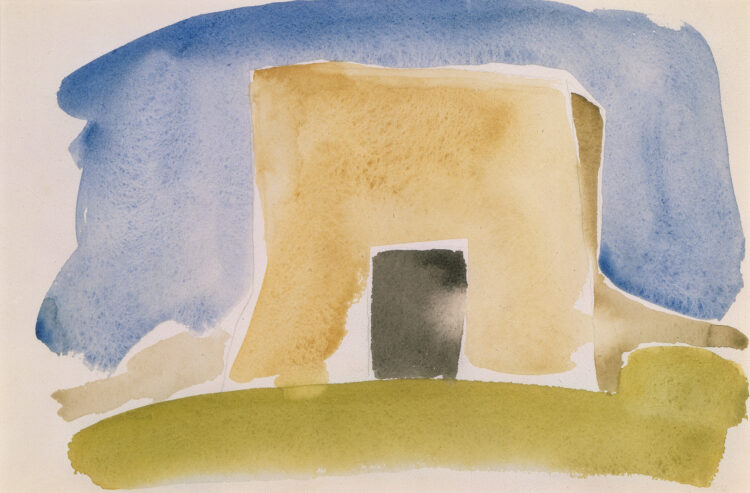 In this semiabstract work, a rectangular adobe structure rises from a patch of sloping green earth. A black door leads into the building, and a blue sky stretches above.