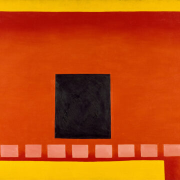 A wide, rectangular strip of red and orange fills the frame, with two thin strips of yellow above and below. A black square sits at the center of the composition. Below the square, small orange rectangles run across the composition. The composition depicts an adobe wall with a black door at its center and a path of square tiles running below it.