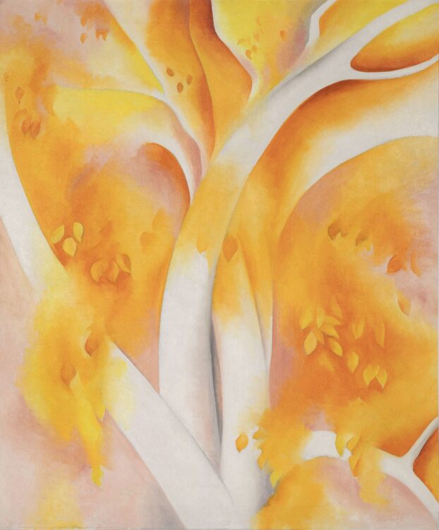 Twisting white birch branches stretch over the composition. Soft, cloudlike yellow forms denote clusters of leaves. The background is rendered in shades of pale pink and white.