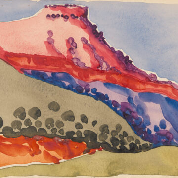 Red Mesa, Red, blue and green watercolors; Red Mesa and surrounding areas of green. Cream with blue sky background.