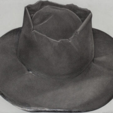 A hand drawn work of pilgrim cowboy hat with bends and wear in the brim. The drawing is inspired by one Georgia O'Keeffe's hats.