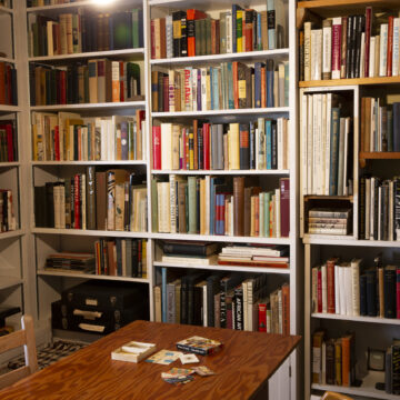 A digital photograph of a corner of the bookroom in Georgia O'Keeffe's home and studio.