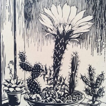 “Cactussen” or Cacti, is a typical Dutch, raw , no nonsense woodcut print by Cornelis Rol and his son Hendricus (Cor en Henk) This robust 85 year old artwork measures 28 cm x 20,5 cms and was produced around 1930-1935. The print has some light foxing and yellowing and has been cleaned. On the left margin the print has a little reinforced area (with kozo paper) that is almost invisible outside the margins of this wonderful woodcut.