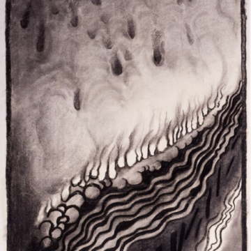 The painting features an abstract composition of squiggly lines radiating out from the bottom left hand order of the charcoal painting.