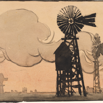 Small horizontal watercolor of windmills, two of which are situated on the right. The darker one in the foreground has a water tower beneath it. The second windmill on the right is much lighter and smaller in the background. On the left is the silhouette of another windmill in the distance with the suggestion of buildings behind it. All on a yellow ground with large cumulus cloud in the middle left.