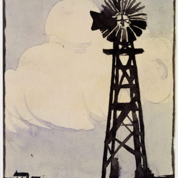 Very small vertical watercolor of a windmill and its tower on the right, with a large cumulus cloud in the middle of the washed blue sky.