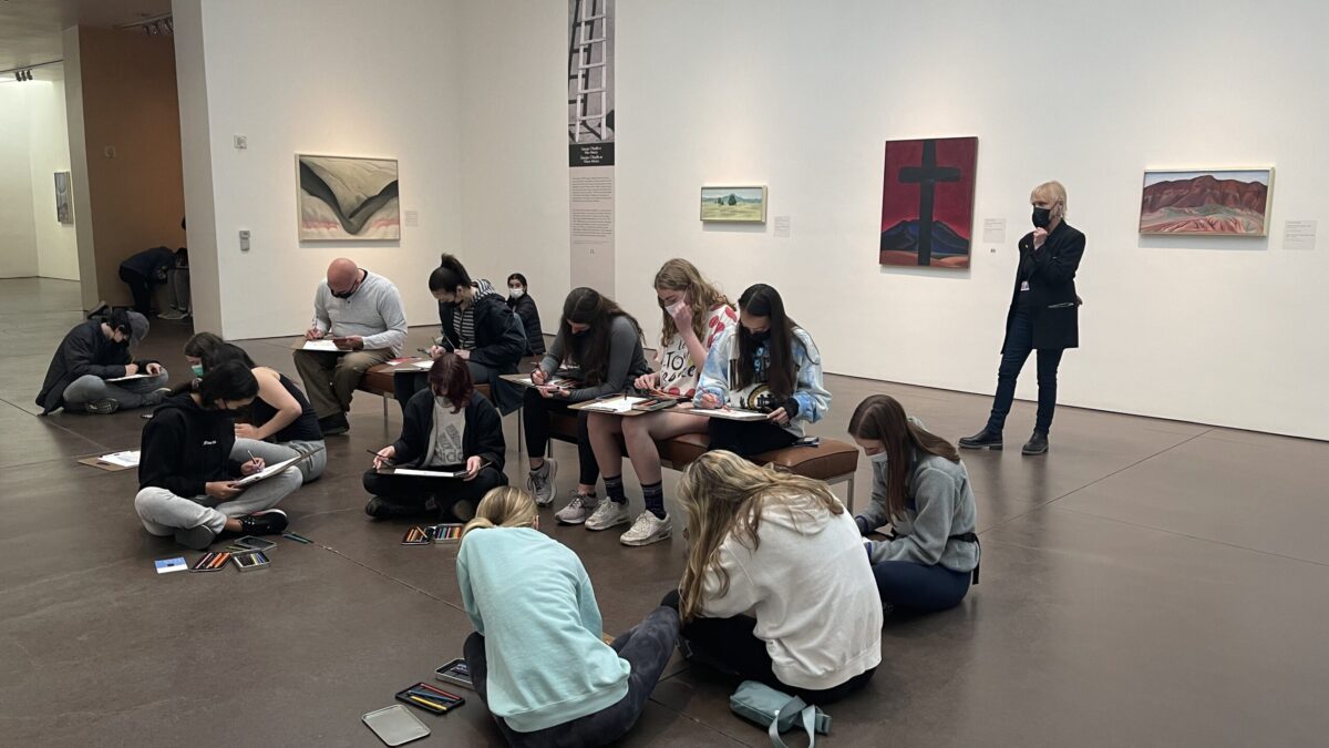 Students gathered for a Georgia O'Keeffe Museum school tour.
